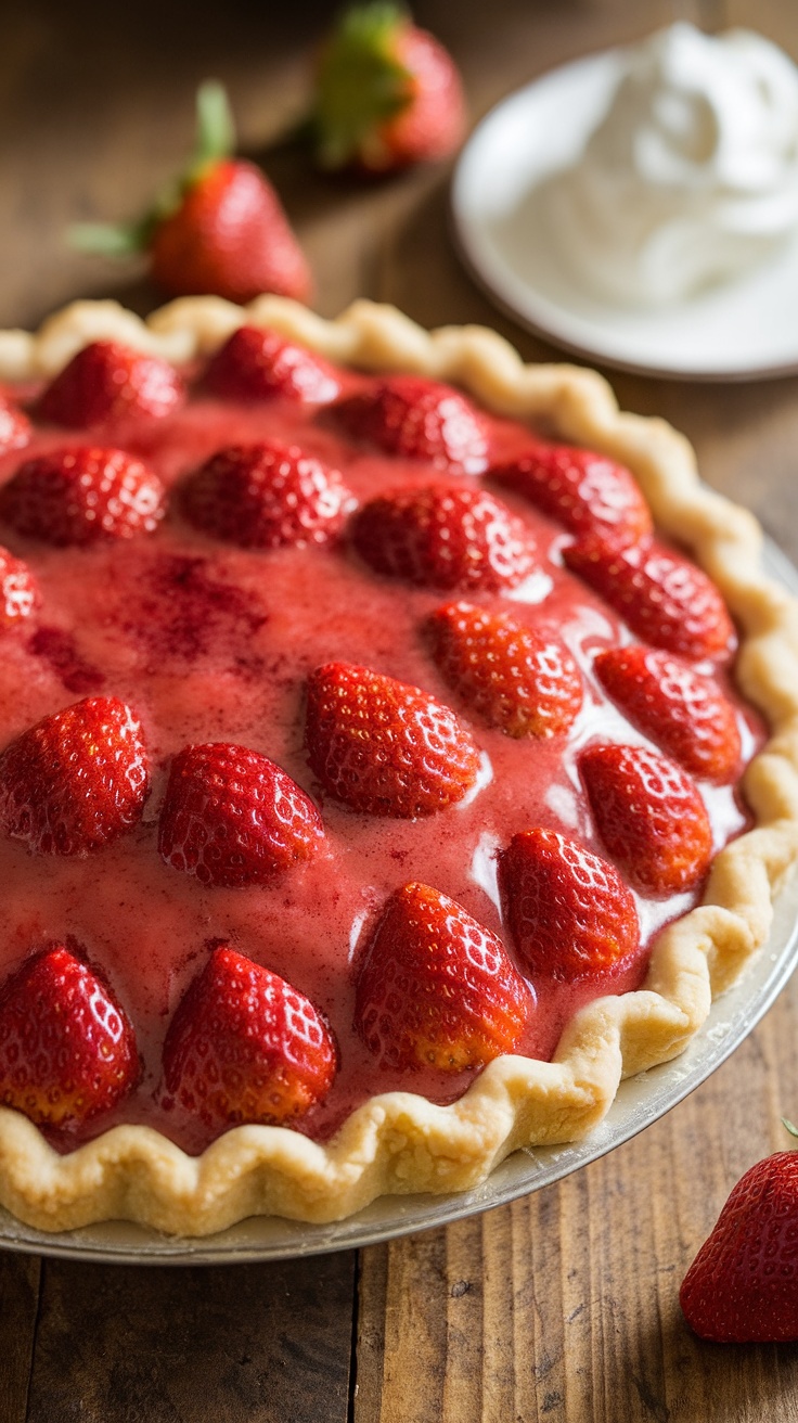 A fresh strawberry pie with a glossy glaze and flaky crust, garnished with strawberries on a rustic table.